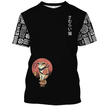 Japanese Samurai Cat Print T Shirt For Men Casual Simplicity O-neck Short Sleeve Fashion Trend Harajuku Streetwear Oversized Top