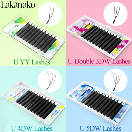 LAKANAKU 2D UU YY Lashes 3D 4D 5D W Fibras Tecnologicas Pestañas Shape U Eyelash Extension De Cils Premade Fans Lashes Extension