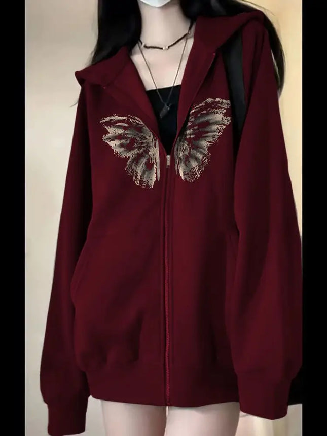 Trendy Hooded Cardigan Zipper Butterfly Print Thickened Velvet Sweatshirt for Women in Autumn and Winter Jacket