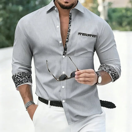 New Men's Casual Contrast Print Dress Shirt, Long Sleeve Turn-down Collar Tops with Floral Trim