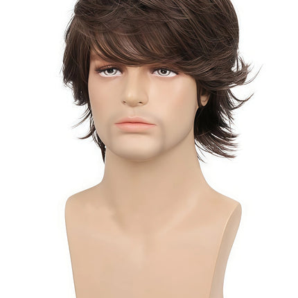 Brown Layered Wolf Cut Wig for Men, Natural Synthetic Hair with Textured Fringe for Daily and Cosplay Looks