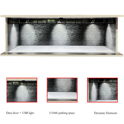 1/64 Scale Car Garage Diorama with USB LED Light Realistic Parking Lot Display Case for Model Cars & Miniature Vehicles