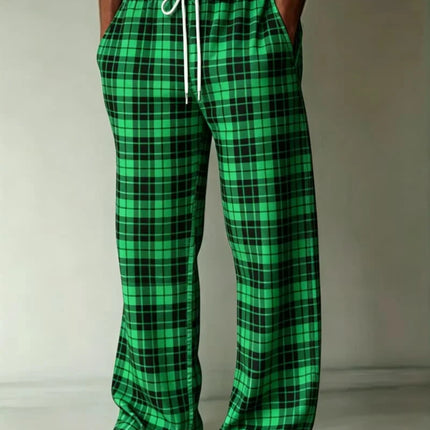Men's classic plaid/diamond print casual pants, loose and breathable drawstring style, suitable for outdoor sports