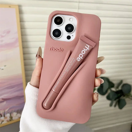 For iPhone 17 Pro Max Air 15 14 13 12 11 17 ProMax Plus Phone Case Gray Toast Ribbon Espresso Holder Silicone Lipstick Cover
