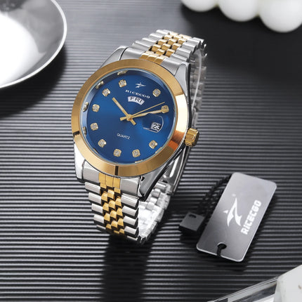 Men's quartz wristwatch with color blocked metal strap, diamond inlaid dial, dual calendar display design, light luxury texture,