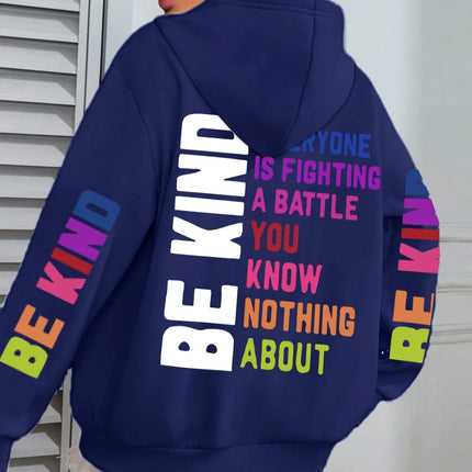 Be Kind Hoodies Women Letter Prints Winter Fleece Warm Hooded Street Pocket Loose Sweatshirts Casual All-match Woman Clothes