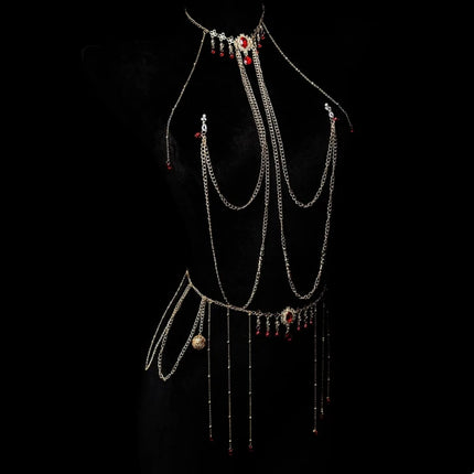 Red Gem Nipple Clamps Body Chain Integrated Sensual Body Restraint Sexy Accessories Breast Clips Bell Pendants Adult Sex Toy 18+