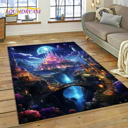 Dream Fairy Tale Castle Mysterious Gothic Cartoon Carpet Rug for Living Room Bedroom Home Sofa, Kid Area Rug Non-slip Floor Mat