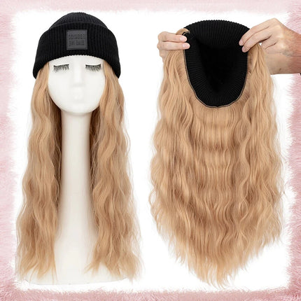 20inch Long Water Wavy Synthetic Hairpiece Beanie Hat - Woven Wigs with Knit Pom Cap and Warm Winter Design - Soft, Detachable,