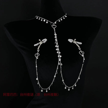Metal Sequined Heart Nipple with Long Chain Clamps Pair Bells  Chain Clips BDSM Women Toys Adult Sex Games Breast Stimulate 18+