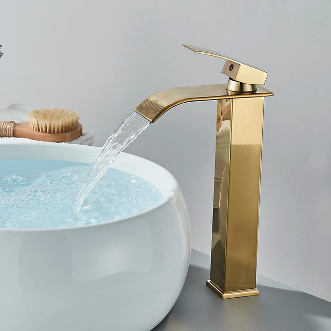 Brushed Golden Basin Faucets Elegant Waterfall Bathroom Sink Faucet Single Lever Hole Deck Mount Brass  Mixer Tapsfaucets and si