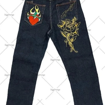 Mens Jeans Streetwear Y2K Vintage Straight Leg Denim Pants Skull Rose Flame Print Design Loose Fit Retro Punk Hip Hop Fashion