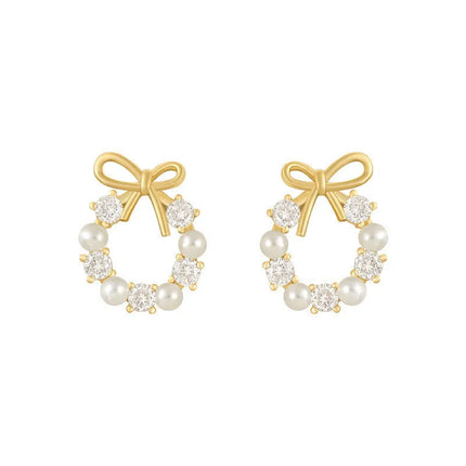 Fashion Lmitation Pearl Crystal Bow Stud Earring For Women Girl Fashion Cute Loreanearrings Party Trending Jewelry Wholesale