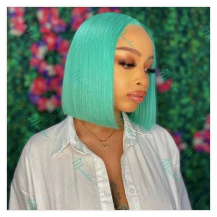 14inch Mint Green Short Bob Straight Hair Wig 13x4 HD Lace Frontal Synthetic  Preplucked  for Women drag queen