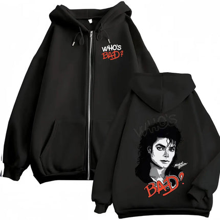 King of Pop Michael Jackson Bad Era Zipper Hoodie Men Women Harajuku Streetwear Jacket Sweatshirt Fleece Casual Zip Up Pullovers