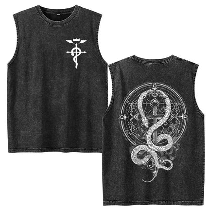 Anime Fullmetal Alchemist Vintage Washed Tank Tops Funny Manga Brotherhood Eyes T-shirts Fashion Casual Sleeveless Vest T-shirts