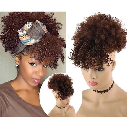 Synthetic Afro Puff Drawstring Ponytail with Bangs Short Afro Kinky Curly Ponytail Extension Updo Hairpiece Ponytail Bun
