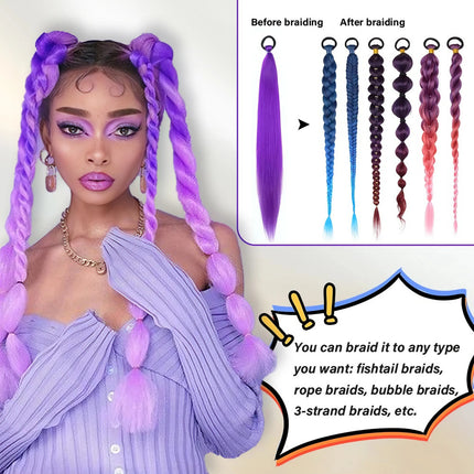 Veyda 2Pcs Synthetic Purple Braiding Hair Long Straight DIY Braided Pony Tail Hairpiece Women Hair Accessories for Stage Party