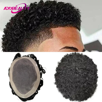 Men Toupee Human Hair Fine Mono NPU Indian Human Hair Wigs for Man Afro Human Hair System 15mm Curly Hair Topper Natural Color