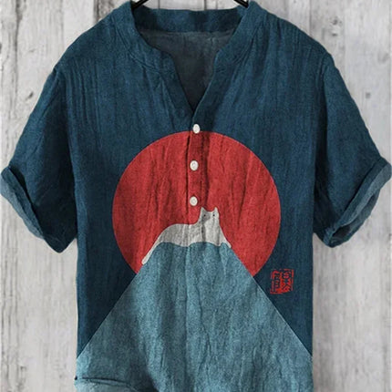 European Size Fashion Plus Comfortable Short Sleeved Men's New V-Neck Travel Printed Linen Breathable Men's Shirt