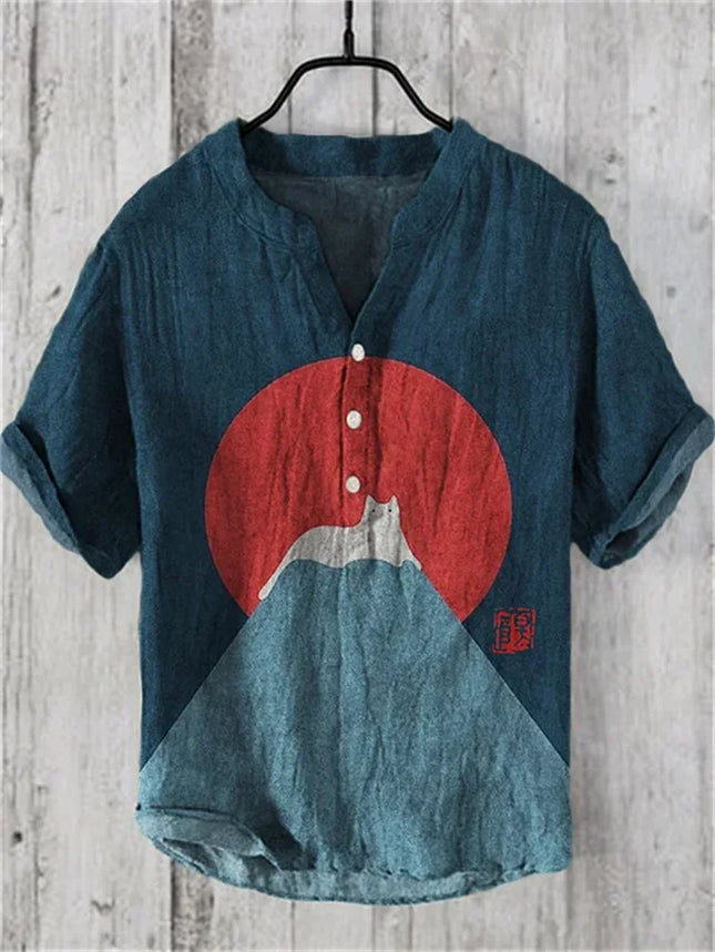 European Size Fashion Plus Comfortable Short Sleeved Men's New V-Neck Travel Printed Linen Breathable Men's Shirt