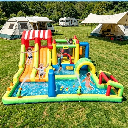 SkyBounce Inflatable Bounce House Triple Slides Water Guns Obstacle Course Soccer Goal And Basketball Hoop Summer Backyard Play