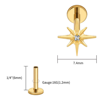 Right Grand ASTM F136 Titanium CZ North Star Flat Back Earring 16G Tiny Starburst Helix Cartilage Stud Earlobe Piercing Jewelry