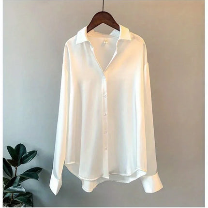 Plus Size Casual Women Silk Shirt 2025 New Fashion Loose Long Sleeve Button-Down Blouse Female Elegant Top Office Acetate Shirts
