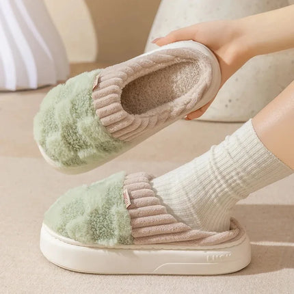 Fashion Couple Winter Toe Wrap Warm Plaid Plush Slippers Men Women Thick Soft Sole Slides Indoor Floor Flat Home Non-slip Shoes