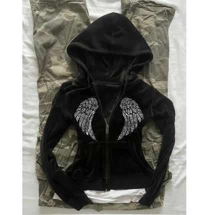 Vintage Jacket Grunge Zipper Sweatshirt Autumn and Winter Wings Print Slim Hoodie Gothic Fashion Trend Slim Street Outerwear y2k