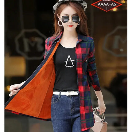 Thickened Fleece Women's Long Sleeve Shirt Warm Slim Fit Midi Length Plaid Korean Style Fashionable Women's Button-up Top