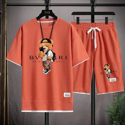 Men's Summer Casual Fashion Printed Loose Round-Neck Short-Sleeve T-Shirt Top and Shorts Set Comfortable Sportswear