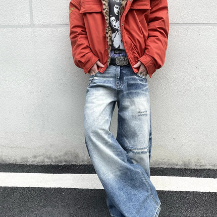 Retro Washed American Street Knife Cut Loose Casual Jeans Men Women Straight Leg Jeans mid Waist Zipper Spring Season