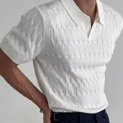 Men's Knit Polo Shirt Summer Short Sleeve V-Neck Slim Fit Business Casual Top Youth Elastic Korean Street T-Shirt