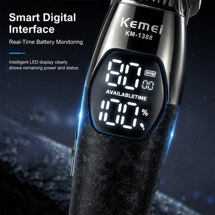 Kemei KM-1388 Full Metal Professional Hair Trimmer for Men DLC Blade T-Blade 8000RPM 5W Motor LED Display 1200mAh Hair Clipper