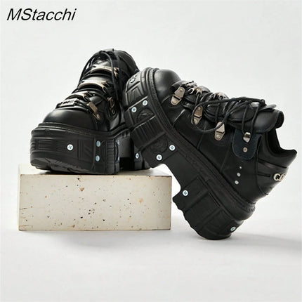 Punk Style Women Black Shoes Rock Metal Decor Lace-up Heel Height Platform Shoes Gothic Man Sneakers Women Ankle Boots 2025 New