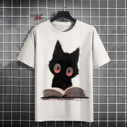 Japanese Ukiyo-E Cute Cat Pattern Round Neck Men's Short Sleeved Daily Oversized T-Shirt Harajuku Y2k T-Shirt T-Shirt Men Top