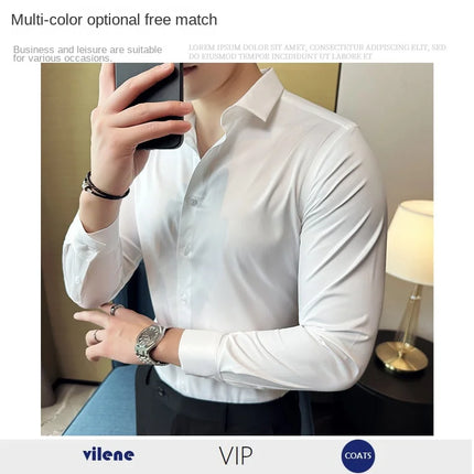 Seamless silk business casual shirt, long sleeved white non ironing elastic silk sliding cross shirt, men's formal wear