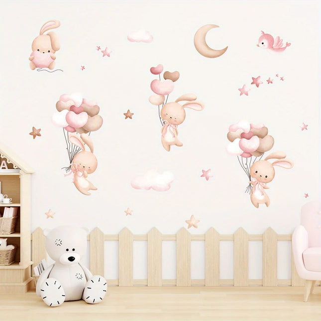 Cartoon Cute Rabbit Balloon Animal Wall Stickers Removable for Kids Room Living Room Nursery Background Decoration Wall Decals