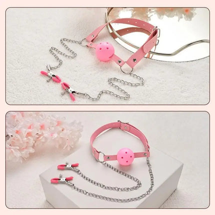 1Pc Erotic Toy PU Leather Mouth Gag Ball Oral Sex With Chain Clip Breast Nipple Clamps Bondage Harness Sex Toys Adult Games
