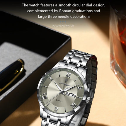 POEDAGAR Luxury Fashion Men Clock Waterproof Luminous Date Week Man Wristwatch Sports Stainless Steel Quartz Men's Watches Reloj