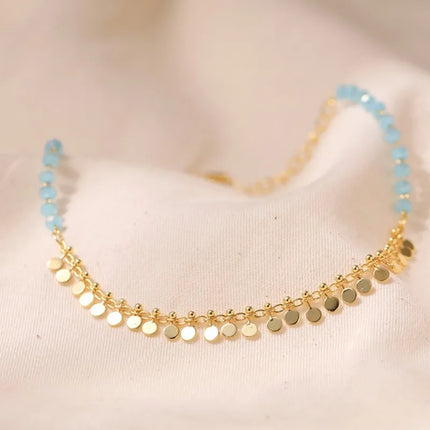 Vintage 18K Gold Plated Tassels Charm Anklet for Women Elegant Summer Beach Boho Light Blue Crystal Beads Chain Vocation Jewelry