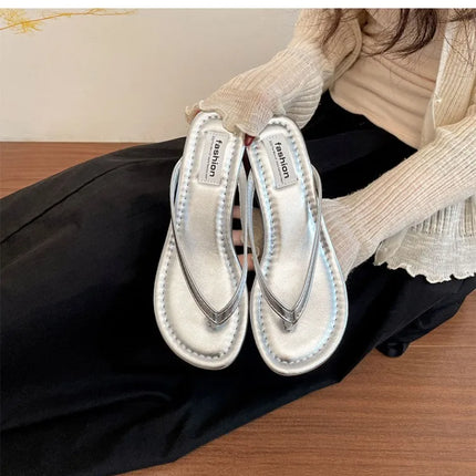 Summer Women Wedges Heel Silver Slippers Outdoor Street Style Dress Shoes Ladies Outdoor Beach Vacation Clip Toe Slides