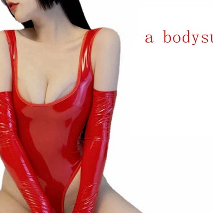 Women's PVC Leather Bodysuits Sexy Party Black Low-cut Skinny Sleeveless Summer Highstreet Spaghetti Strap Red Rompers New