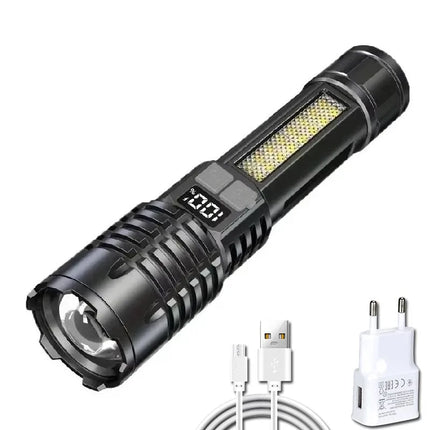 Rechargeable LED Flashlight Zoomable Torch with LCD Display 5 Modes Waterproof High Power Hand Light Outdoor Wilderness Camping