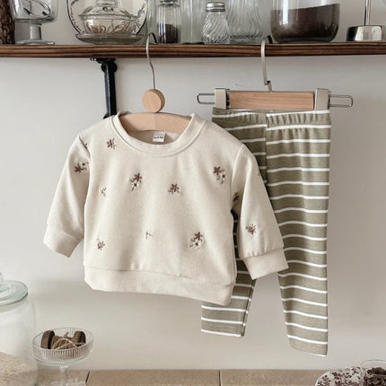 Autumn Toddler Baby Girls Outfit Floral Embroidery Long Sleeve Sweatshirt Elastic Waist Pants Spring Set Clothes Baby Girl