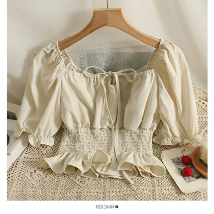 French Style Bubble Sleeve Shirt Women's Short Sweet Sensation Waist Cinched One Shoulder Top Polyester Blend Regular Sleeve