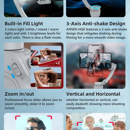 Handheld 3-Axis Gimbal Stabilizer for Smartphone, for iPhone Cellphone Record Video Vlog Phone Anti-Shake with Fill Light