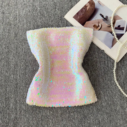 Elastic Slim Fit Stage Performance Outfit Heavy Sequin Wrap Chest Vest Tube Top in Pink Versatile Sexy Commute Sle ort Sl...