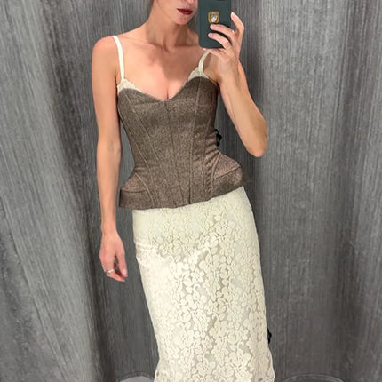 Sexy Sling Fishbone Top Women V Neck Backless Patchwork Lace Zipper Tops Female 2026 New Chic Fashion Party Evening Corsets Lady